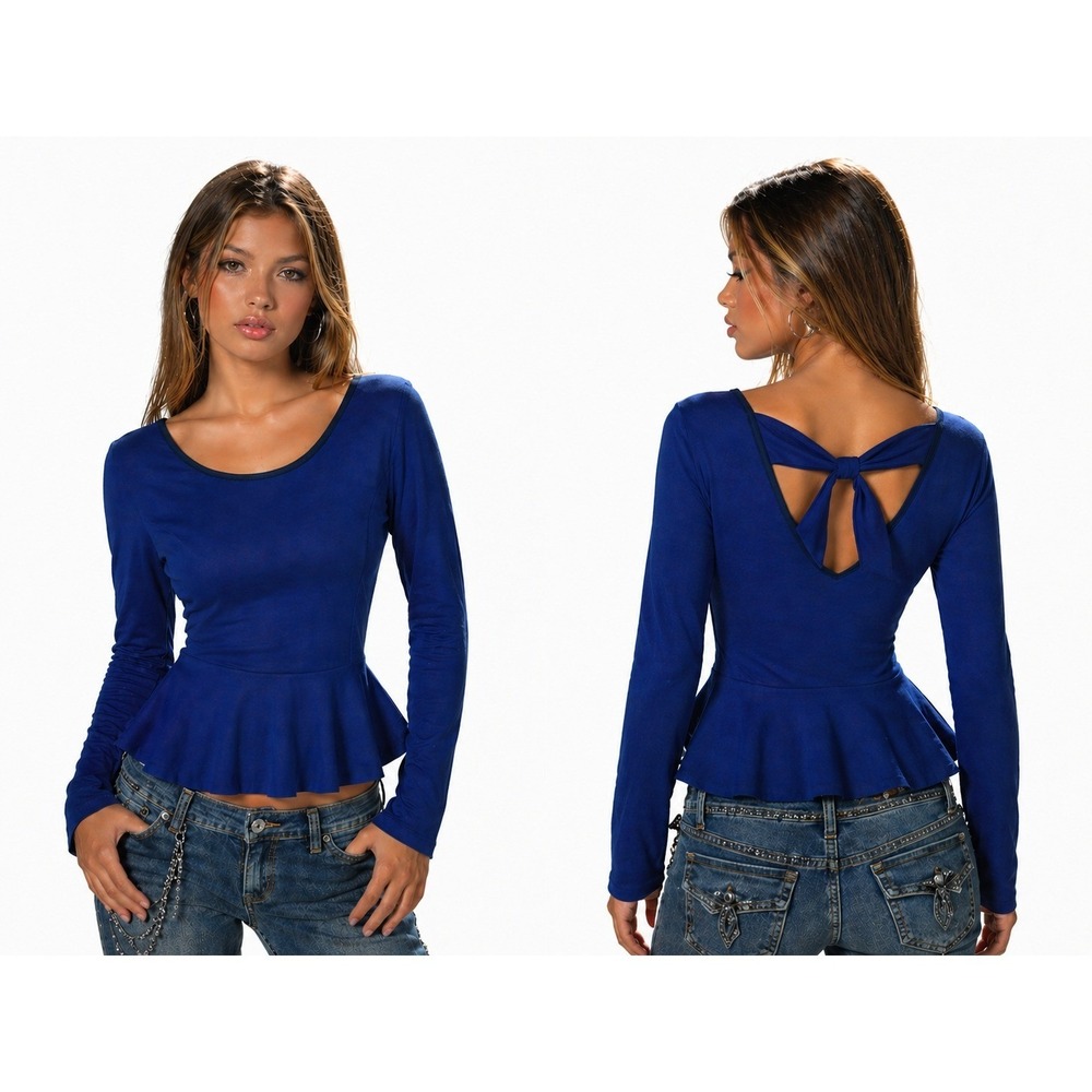 Bella D Y2K Royal Blue Peplum Top Long Sleeve Bow Back Medium